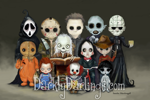 Ghostface (Scream,) Jason Voorhees (Friday The 13th,) Michael Myers (Halloween,) Nosferatu, Pinhead (Hellraiser,) Sam (Trick 'r Treat,) Cryptkeeper (Tales From The Crypt,) Jigsaw (Saw,) Freddy Krueger (A Nightmare on Elm Street,) Chucky (Child's Play,) Pennywise (Stephen King's IT,) Toshio Saeki (The Grudge.)