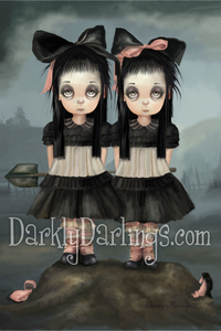 Victorian Goth twins/triplets in pink and black being murderous