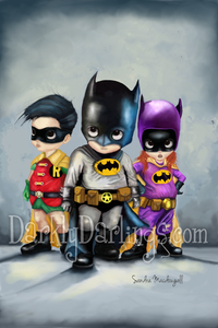 Adam West as Batman and his sidekicks Robin and Batgirl in their classic 1966 costumes. 