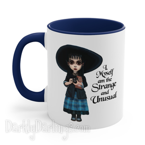 Beetlejuice fan art featuring Wynona Ryder as Lydia Deetz on a coffee mug with quote: "I myself am the strange and unusual." 