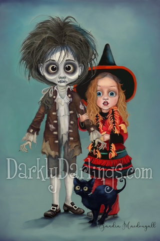 Hocus Pocus fan art of witch Dani Dennison with black cat Thackery Binx and zombie Billy Butcherson 