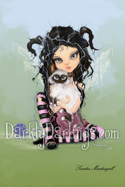 Fairy girl in striped stockings with her kitty