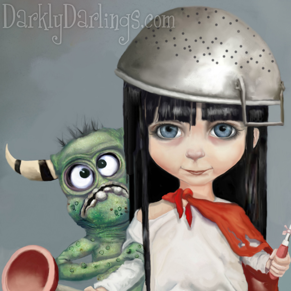 Little girl with pots and pans and monsters