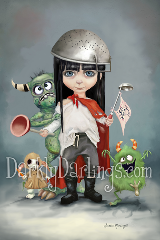 Little girl with pots and pans and monsters