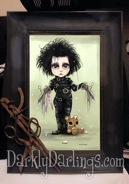 Tim Burton fan art of Edward Scissorhands portrayed by Johnny Depp in ornate frame and vintage scissors