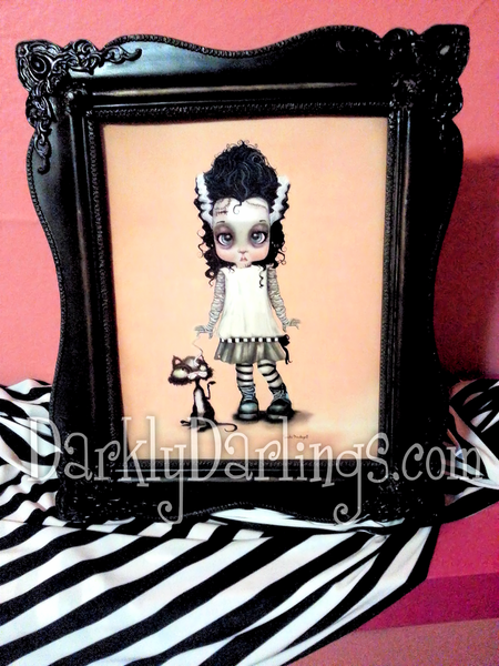 Creepy cute Bride of Frankenstein in a gothic frame