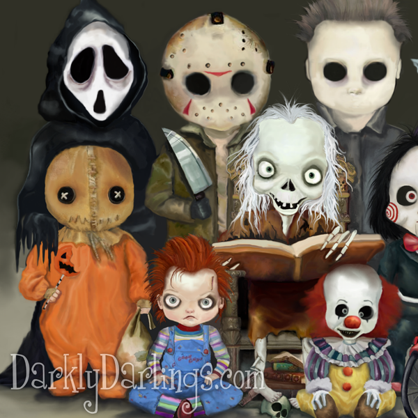 Ghostface (Scream,) Jason Voorhees (Friday The 13th,) Michael Myers (Halloween,) Sam (Trick 'r Treat,) Cryptkeeper (Tales From The Crypt,) Chucky (Child's Play,) Pennywise (Stephen King's IT,)