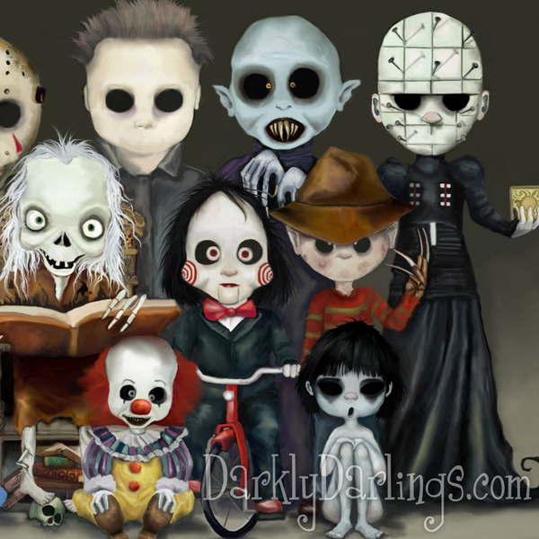 Michael Myers (Halloween,) Nosferatu, Pinhead (Hellraiser,) Cryptkeeper (Tales From The Crypt,) Jigsaw (Saw,) Freddy Krueger (A Nightmare on Elm Street,) Chucky Pennywise (Stephen King's IT,) Toshio Saeki (The Grudge.)