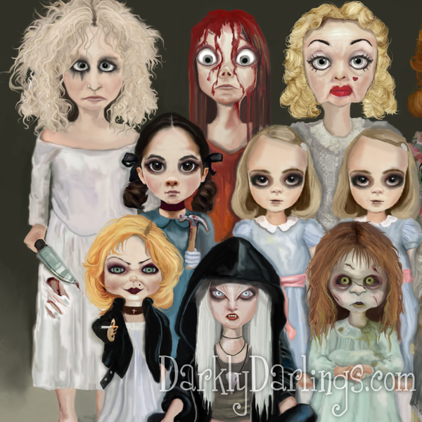 Glenn Close/Alex (Fatal Attraction,) Sissy Spacek (Carrie,) Bette Davis/Jane Hudson (What Ever Happened to Baby Jane,) Esther (The Orphan,) Grady Twins (The Shining,) Tiffany (Bride of Chucky,) Ginger (Ginger Snaps,) Regan (The Exorcist.)