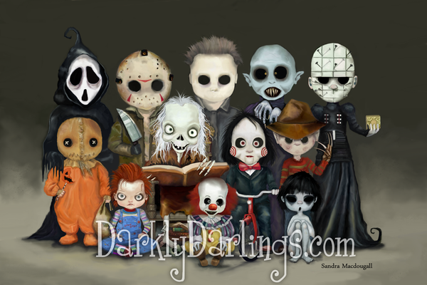 Ghostface (Scream,) Jason Voorhees (Friday The 13th,) Michael Myers (Halloween,) Nosferatu, Pinhead (Hellraiser,) Sam (Trick 'r Treat,) Cryptkeeper (Tales From The Crypt,) Jigsaw (Saw,) Freddy Krueger (A Nightmare on Elm Street,) Chucky (Child's Play,) Pennywise (Stephen King's IT,) Toshio Saeki (The Grudge.)