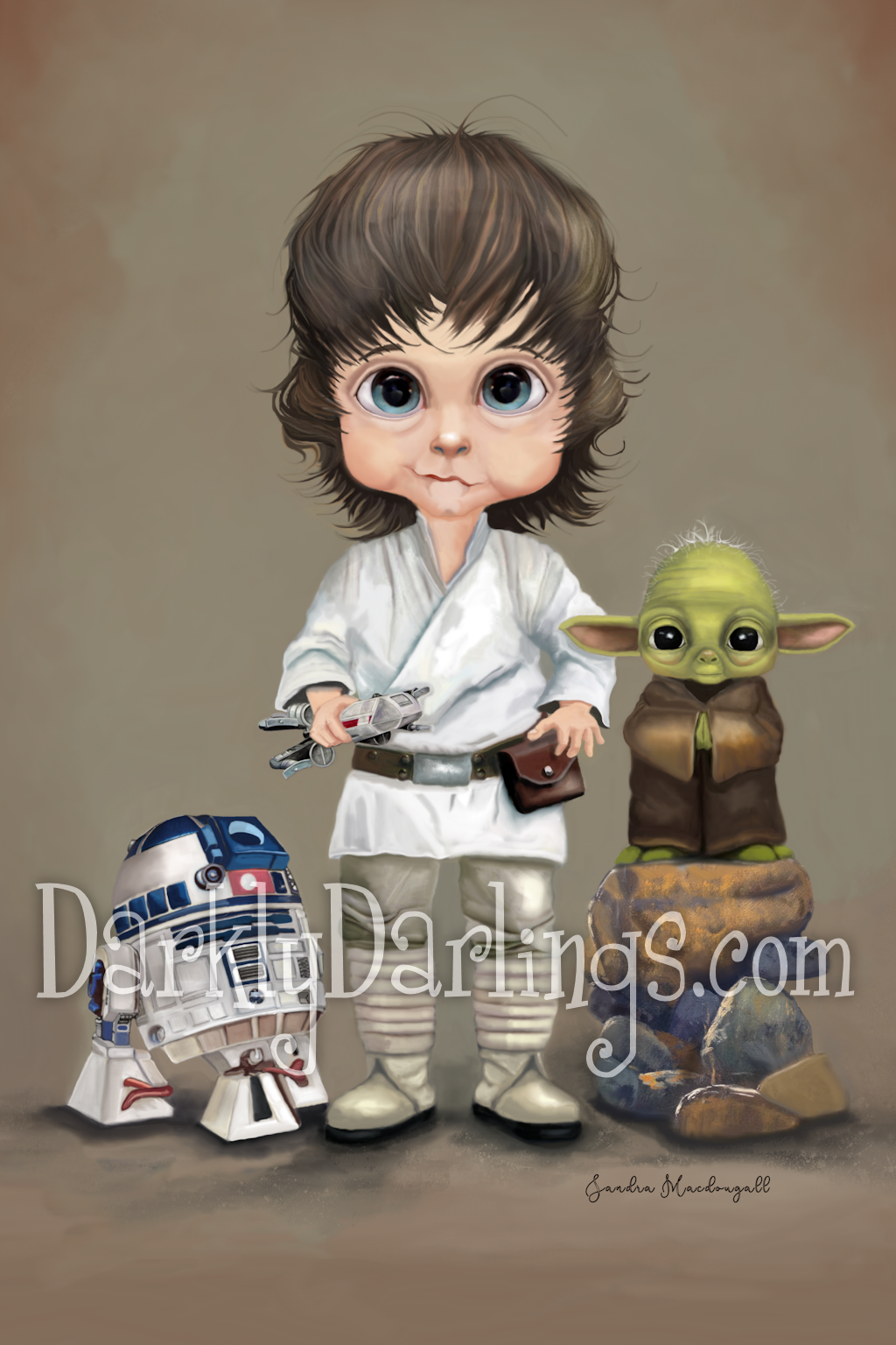 Legendary Jedi Luke Skywalker playing with R2D2 under the watchful eye of Master Yoda.