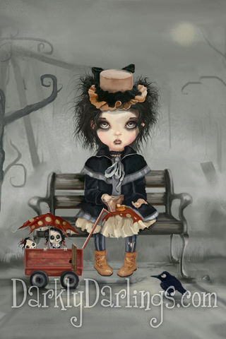 A victorian goth girl and her dolls on a bench