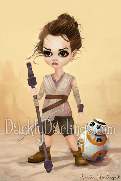 Star Wars fan art of Rey Skywalker played by Daisy Ridley with droid BB-8