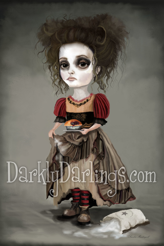 Helena Bonham Carter as Mrs Lovett holding a meat pie