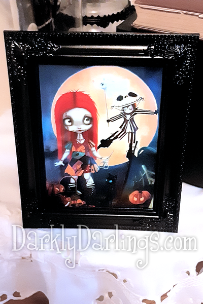 Cute and Creepy Jack and Sally fan art in gothic frame