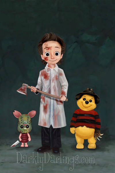 Winnie the Pooh as Freddy Krueger, Piglet is Jason Voorhees and Christopher Robin as Patrick Bateman.