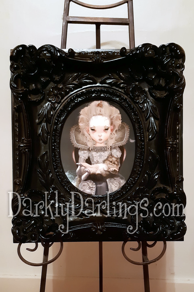 Elizabethan / Victorian princess with her cat in a gothic frame 