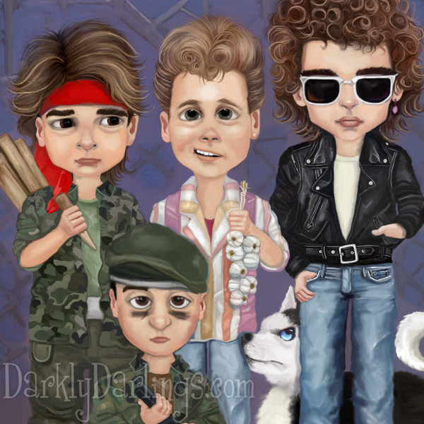 Frog Brothers Edgar (Corey Feldman) and Alan; Sam (Corey Haim) with Nanook and Michael