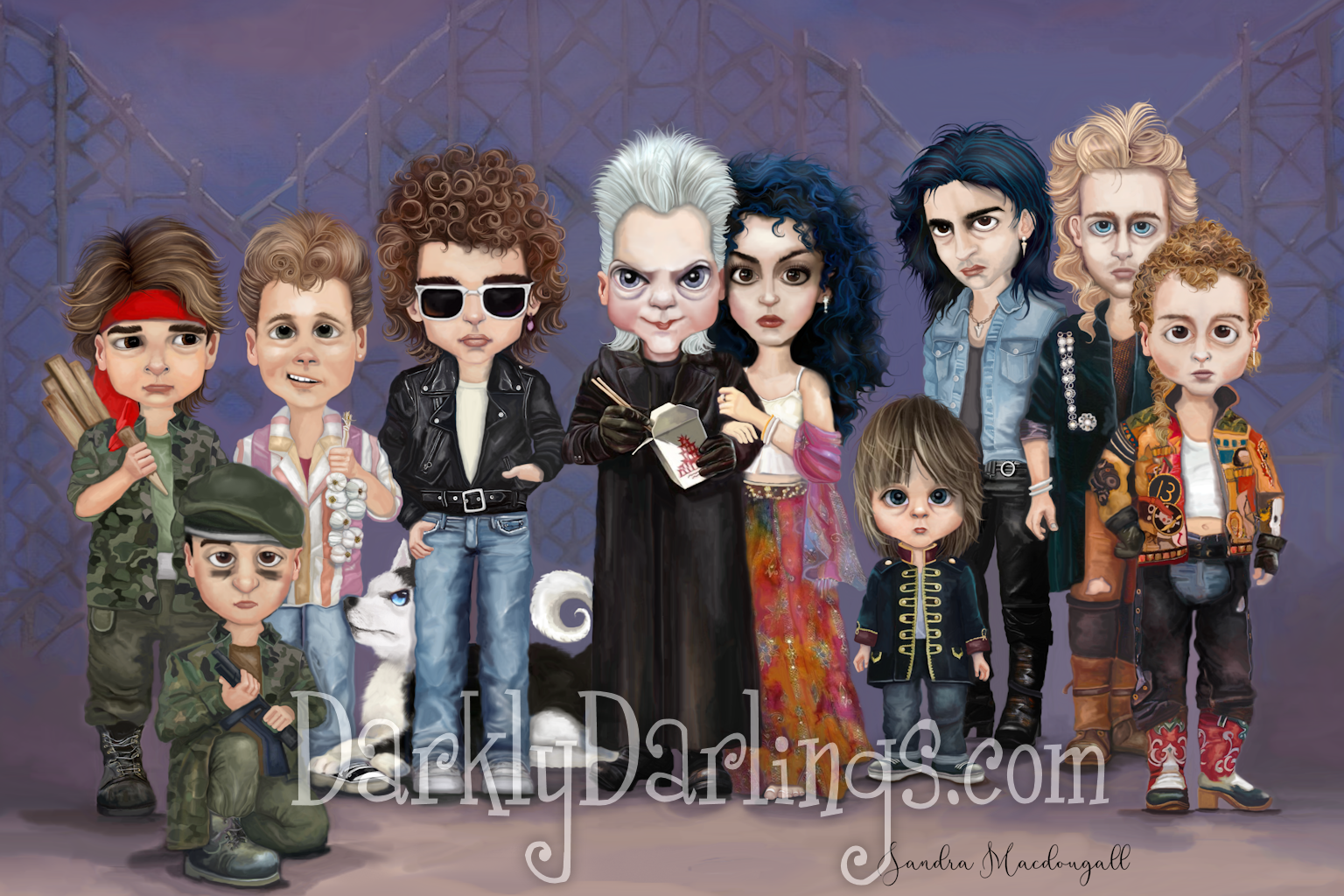 All The Lost Boys (and girl) at the Santa Carla Beach Boardwalk. Frog Brothers Edgar (Corey Feldman) and Alan; Sam (Corey Haim) with Nanook and Michael; head vampire David (Kiefer Sutherland;) half vampires Star and Laddie; David's sired vampire gang Dwayne, Paul, and Marco. 