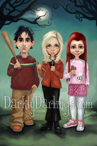 Buffy the Vampire Slayer fan art of Buffy Summers (Sarah Michelle Gellar,) Willow Rosenberg (Alyson Hannigan,) and Xander Harris (Nicholas Brendon.) 