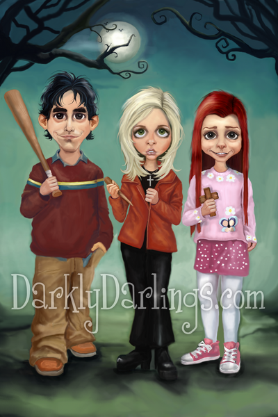 Buffy the Vampire Slayer fan art of Buffy Summers (Sarah Michelle Gellar,) Willow Rosenberg (Alyson Hannigan,) and Xander Harris (Nicholas Brendon.) 