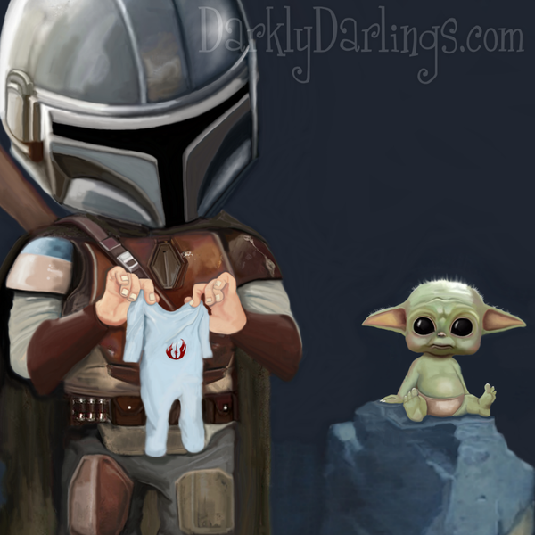 Star Wars fan art of The Mandalorian/Pedro Pascal and The Child. 