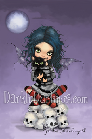 Goth girl with her black cat and skulls