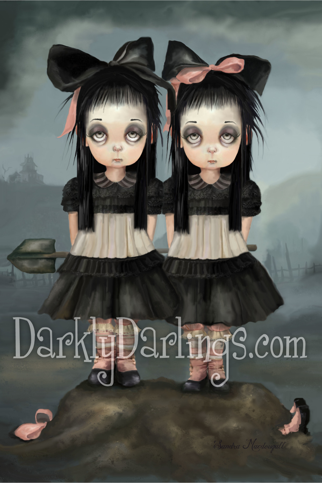 Victorian Goth twins/triplets in pink and black being murderous